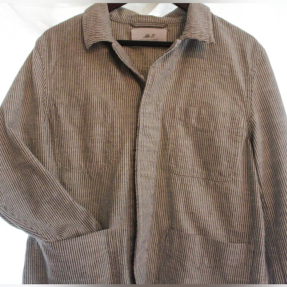Mr. P. - Men’s garment-dyed, grey striped organic cotton chore jacket, size L